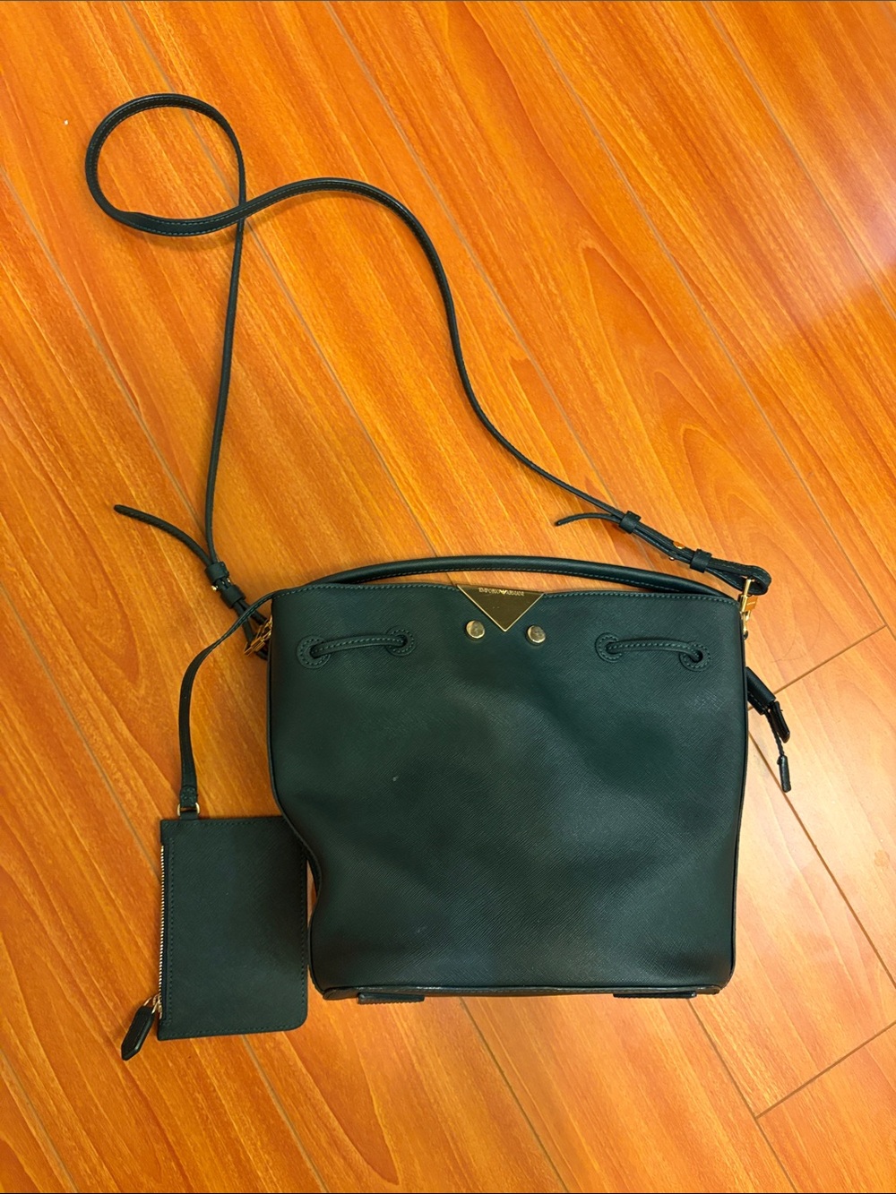 Emporio Armani Dark Green Leather Crossbody Bucket Bag with Coin Pouch
